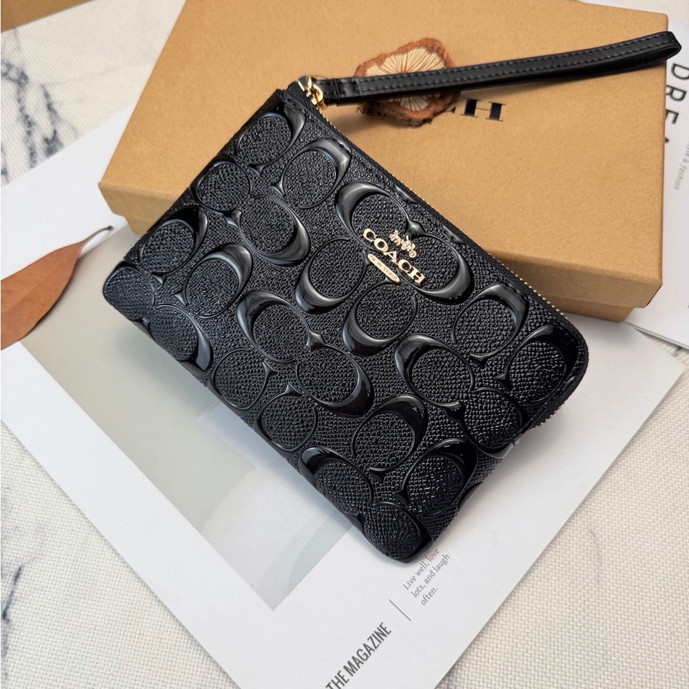 Coach Black Embossed Signature Leather Wristlet